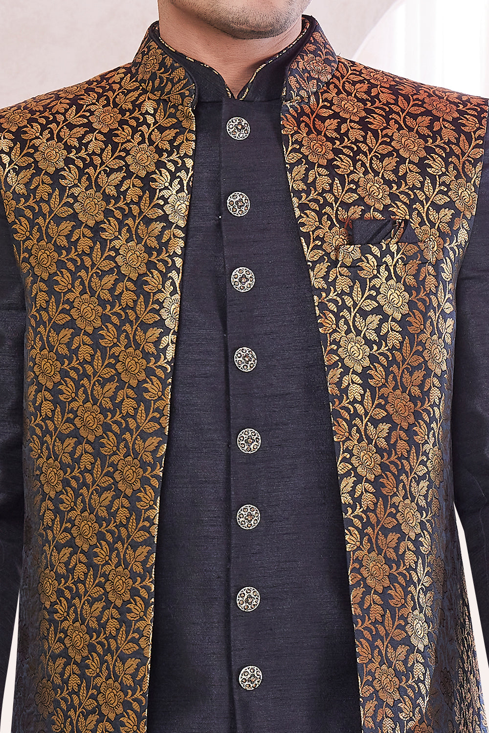 Black Silk Mens 3 piece Jacket Set (NMK-8419) - Nihal Fashions