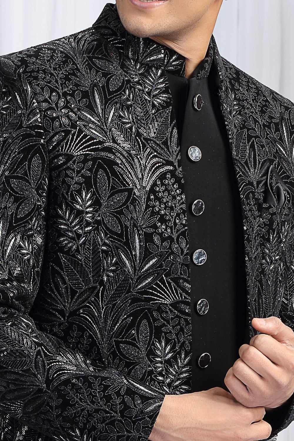 Black Velvet Mens 3 piece Indo Western (NMK-8659) - Nihal Fashions