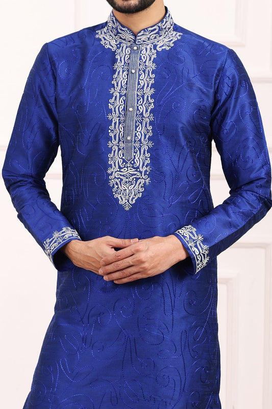 Blue Art Banarasi Silk Mens Kurta Pajama (NMK-7019) - Nihal Fashions