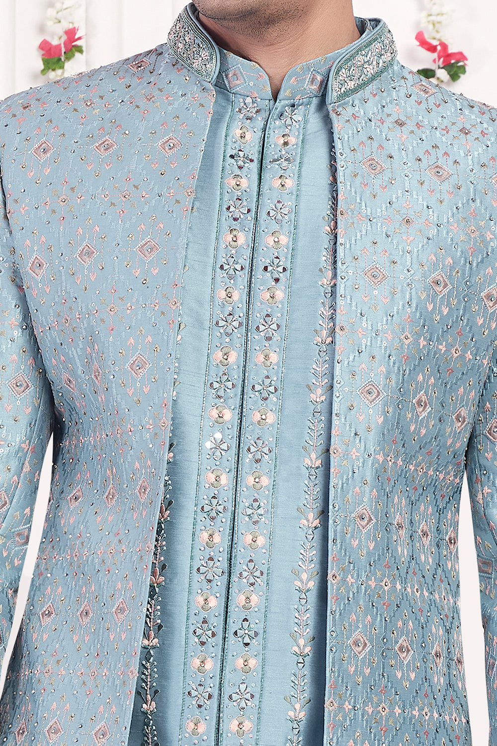 Blue Art Silk 3 piece Jacket Set (NMK-8393) - Nihal Fashions