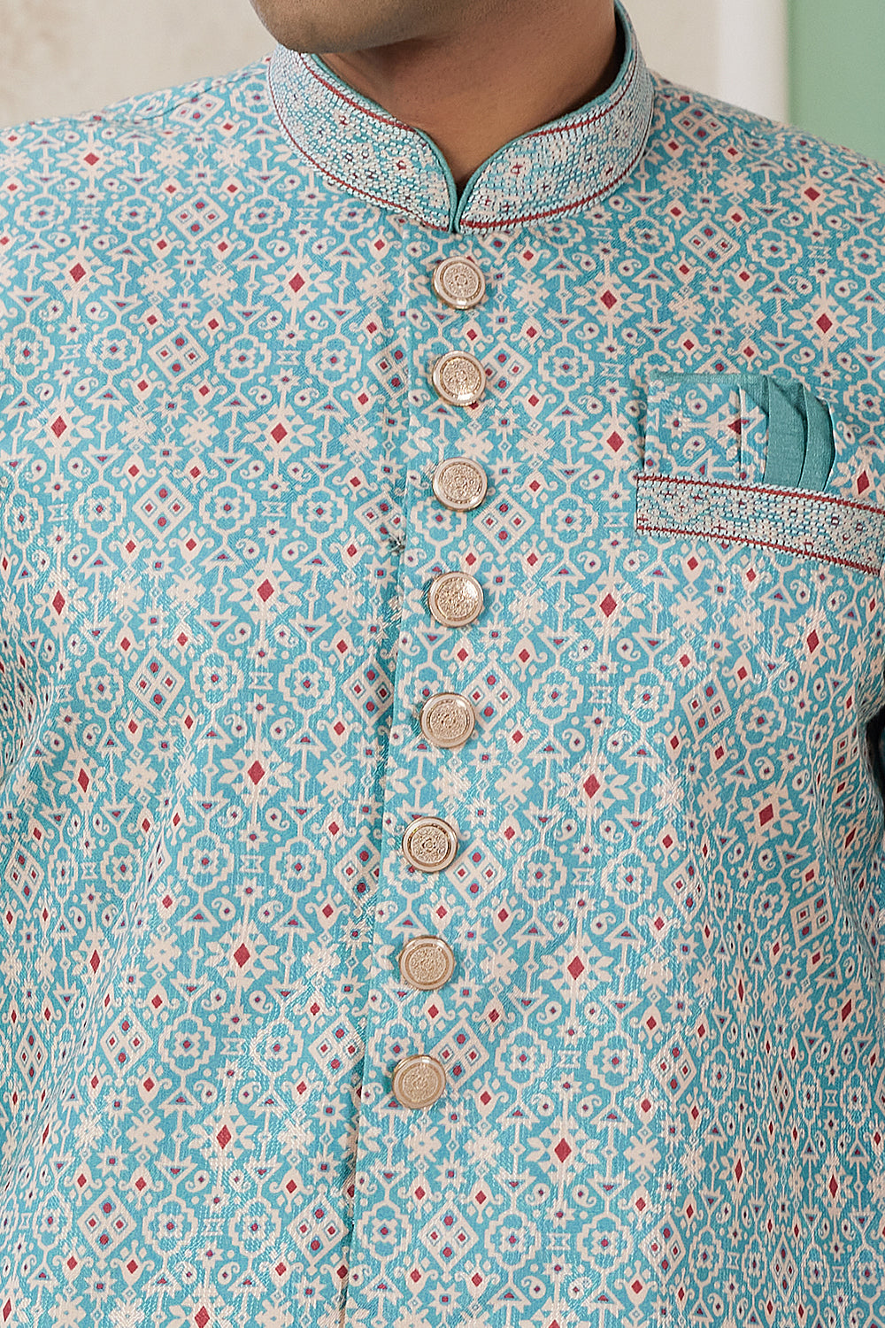 Blue Banarasi Jaquard Indo Western for Men (NMK-8593) - Nihal Fashions