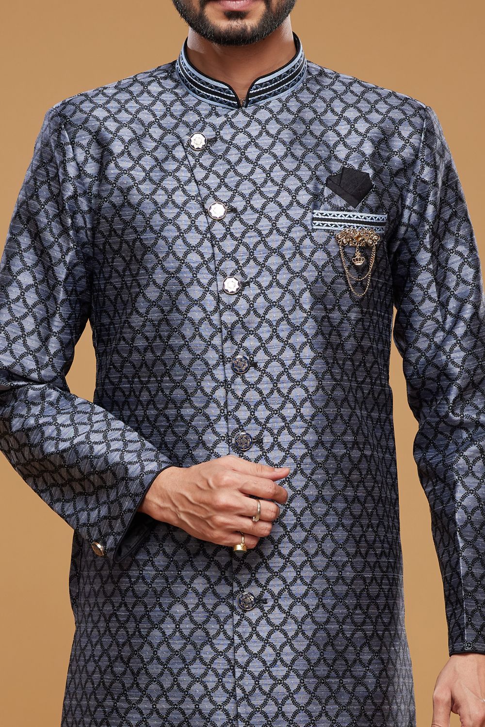 Blue Banarasi Jaquard Indo Western (NMK-7038) - Nihal Fashions