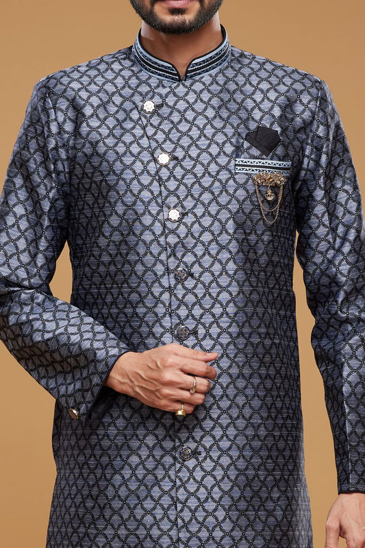 Blue Banarasi Jaquard Indo Western (NMK-7038) - Nihal Fashions