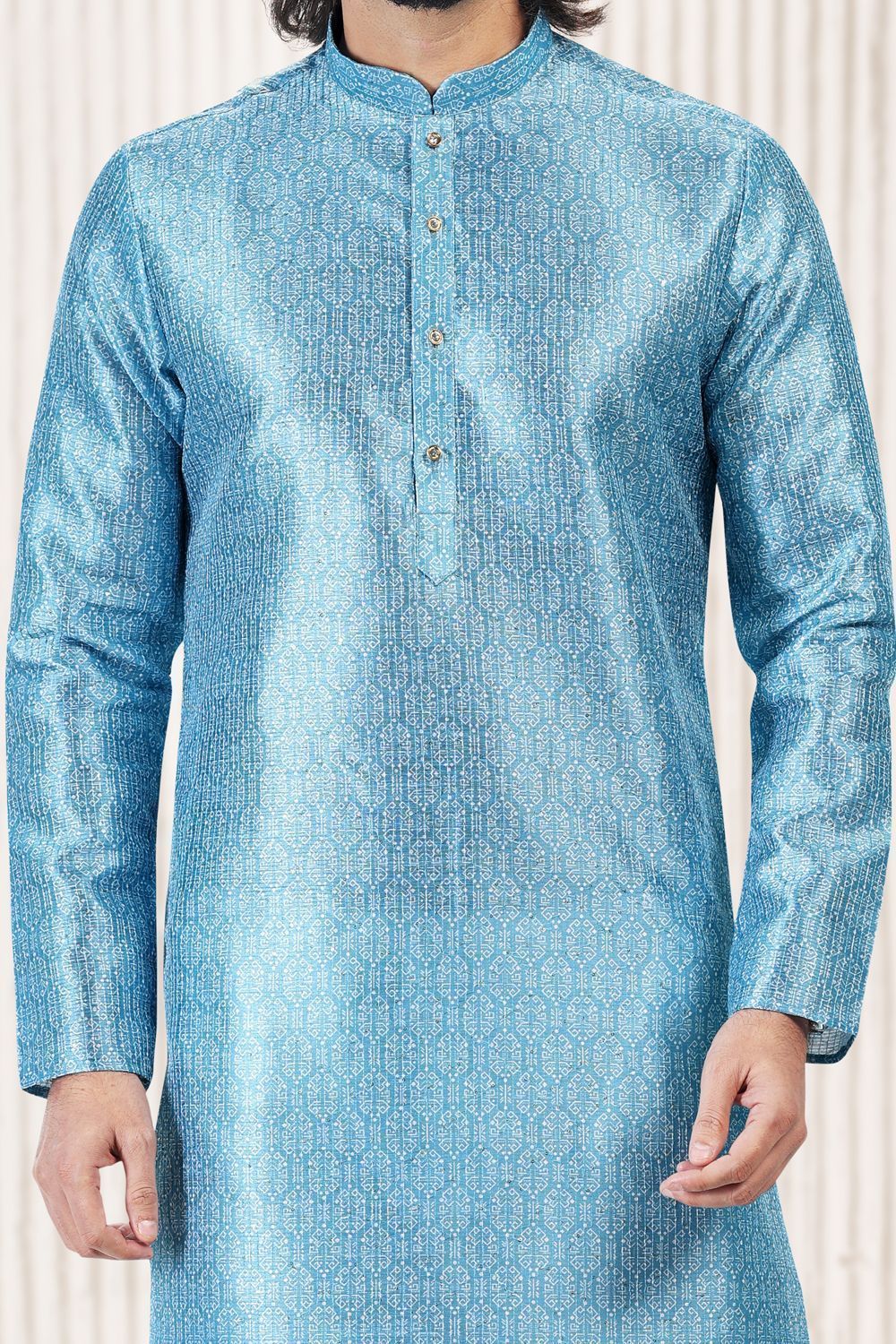 Blue Banarasi Silk Casual Mens Kurta (NMK-6727) - Nihal Fashions