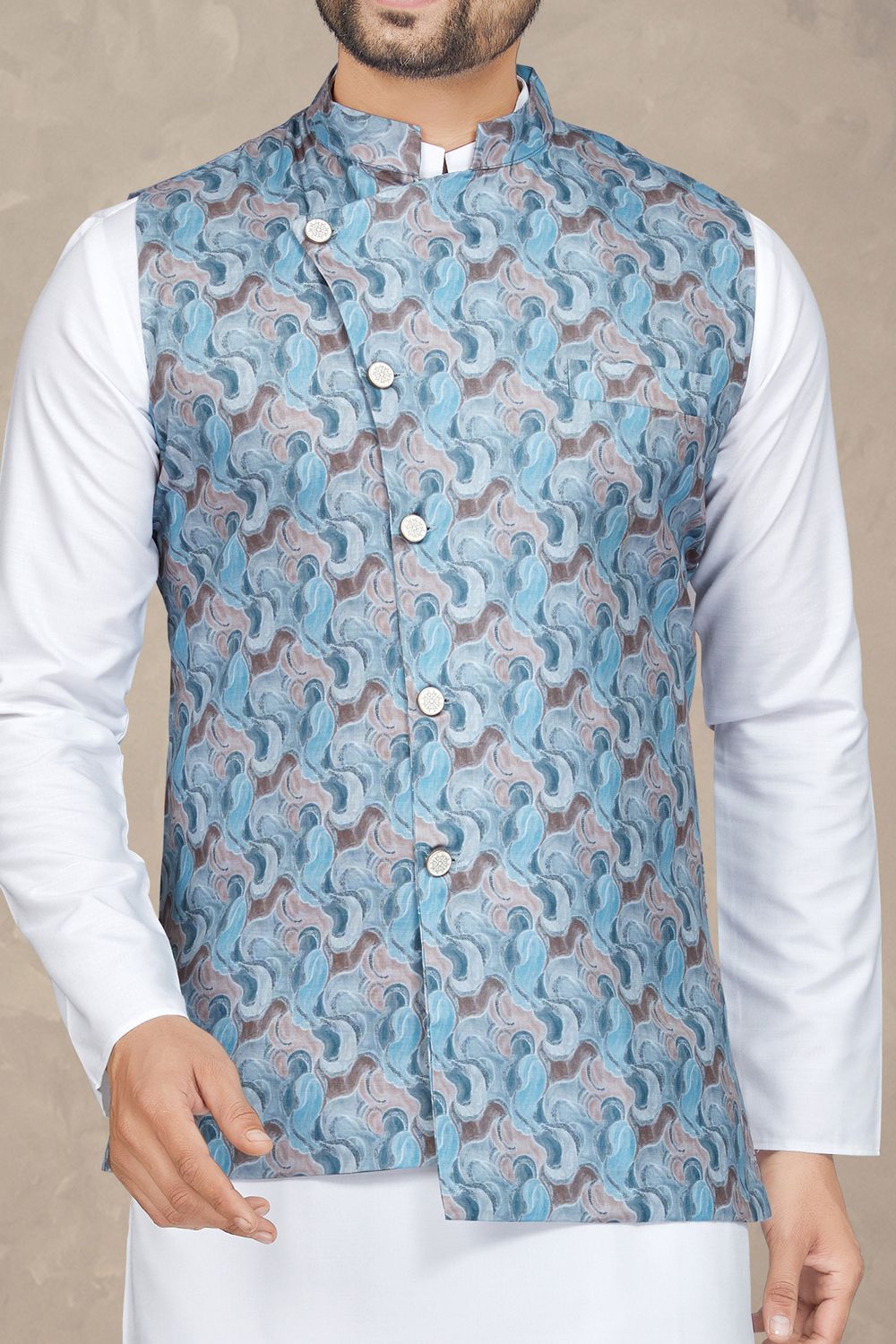 Blue Cotton Mens Nehru Jacket (NMK-6946) - Nihal Fashions
