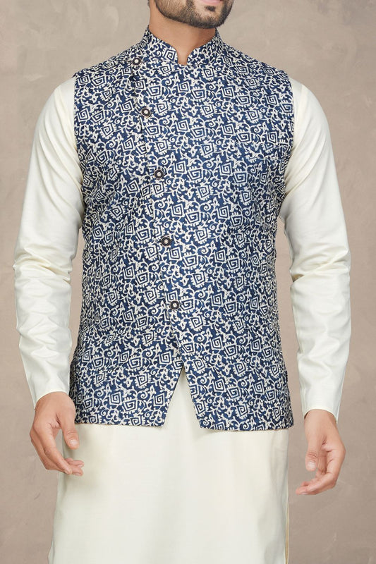 Blue Cotton Nehru Jacket for Mens (NMK-6950) - Nihal Fashions