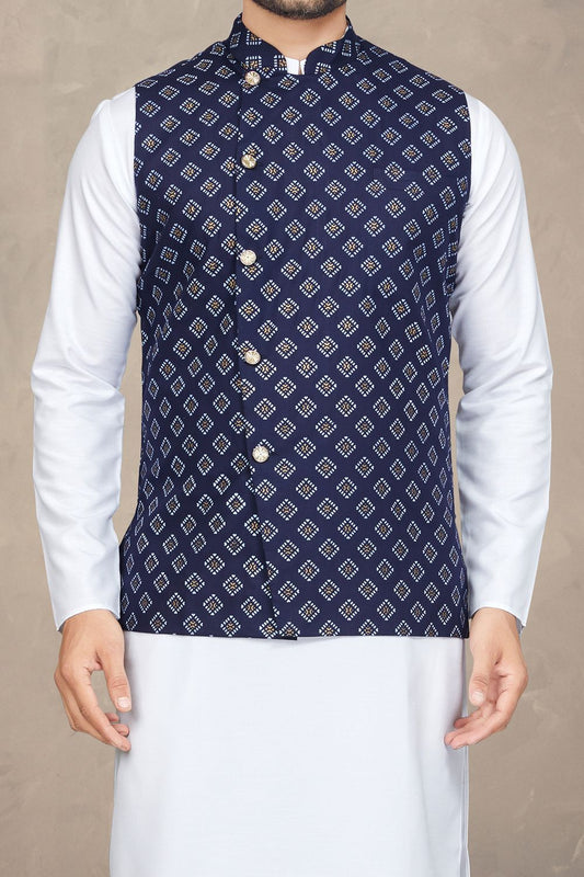 Blue Cotton Printed Mens Nehru Jacket (NMK-6948) - Nihal Fashions