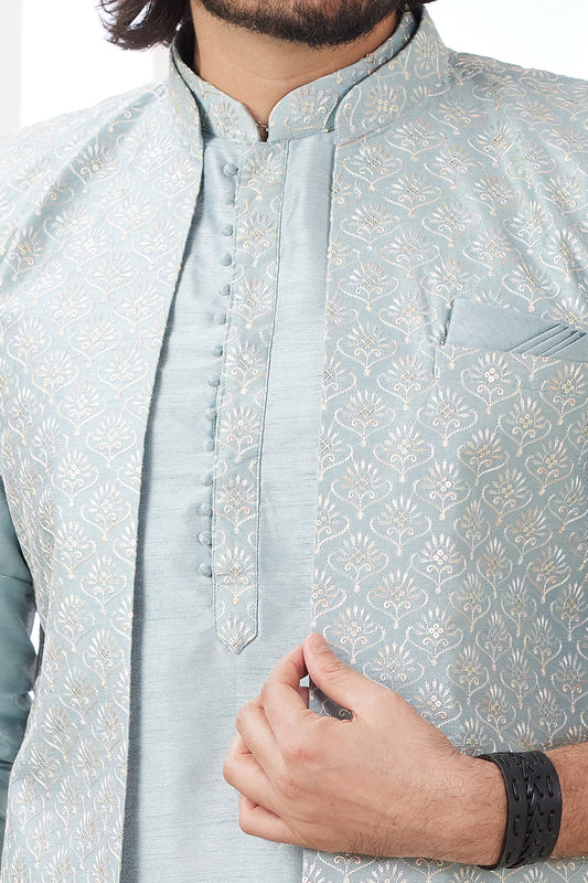 Blue Grey Art Banarasi Silk Mens Jacket Style Kurta (NMK-8567) - Nihal Fashions