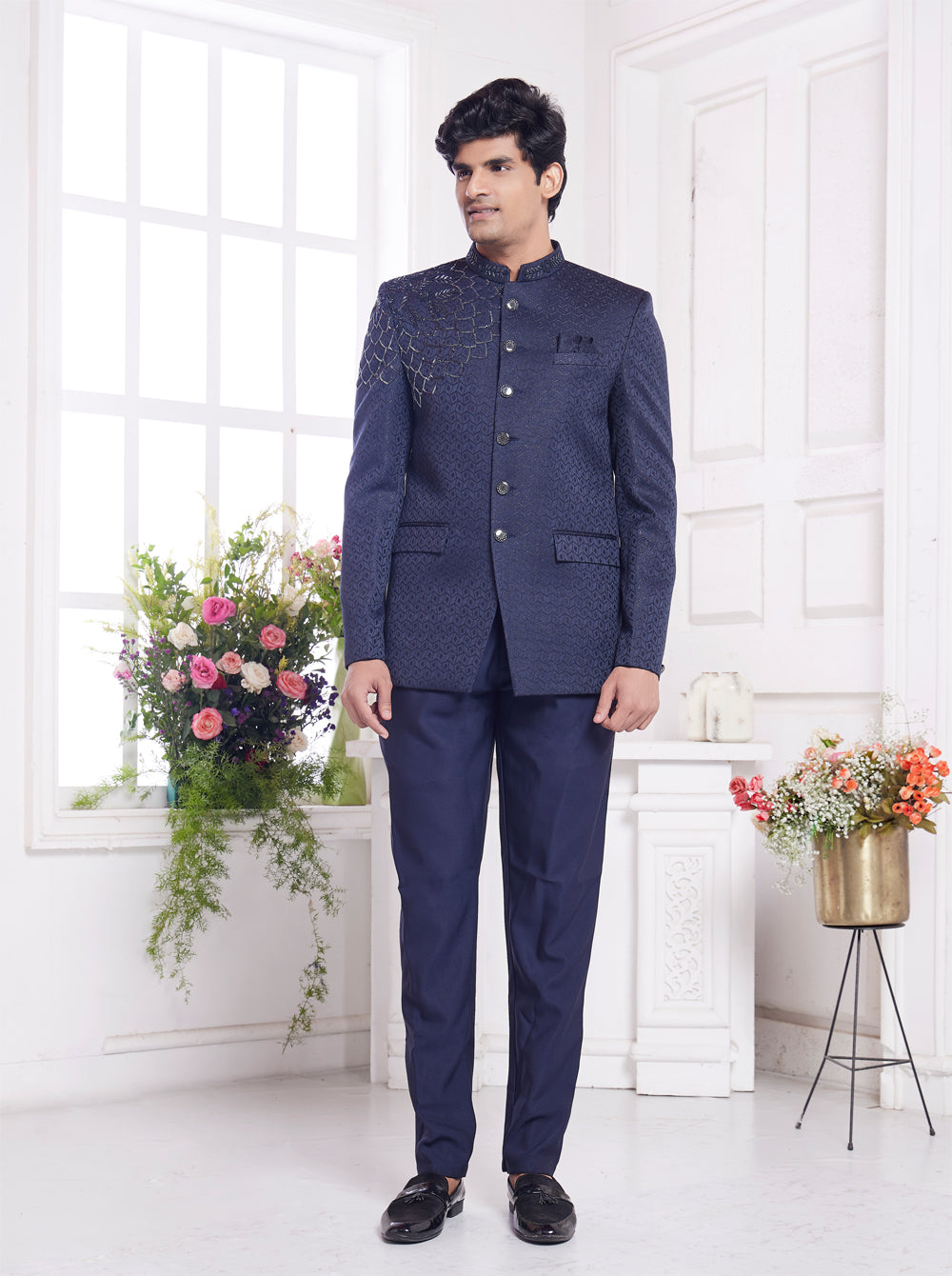 Blue Imported Jaquard Silk Jodhpuri (NMK-8343) - Nihal Fashions