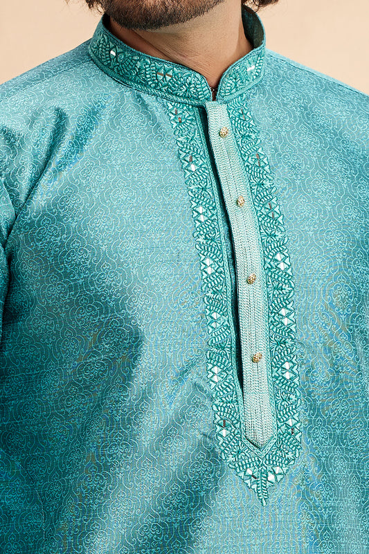 Blue Jaquard Art Silk Mens Kurta Pajama (NMK-7908) - Nihal Fashions