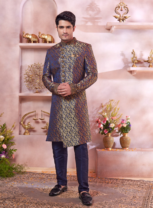 Blue Jaquard Banarasi Silk Sherwani (NMK-8313) - Nihal Fashions