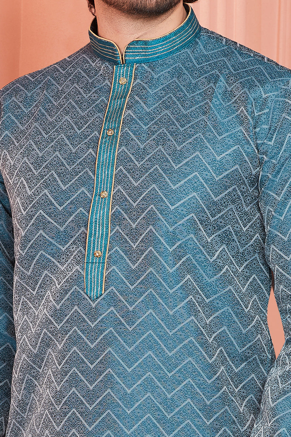 Blue Jaquard Mens Kurta Pajama (NMK-8176) - Nihal Fashions