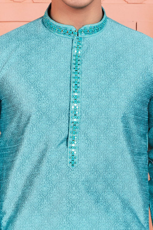 Blue Jaquard Silk Brocade Kurtas for Men (NMK-7758) - Nihal Fashions