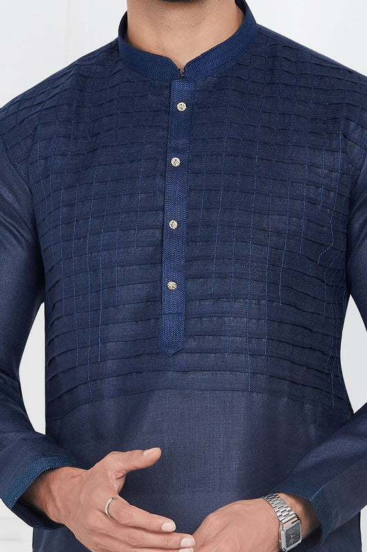 Blue Linen Cotton Kurta Pajama (NMK-7584) - Nihal Fashions
