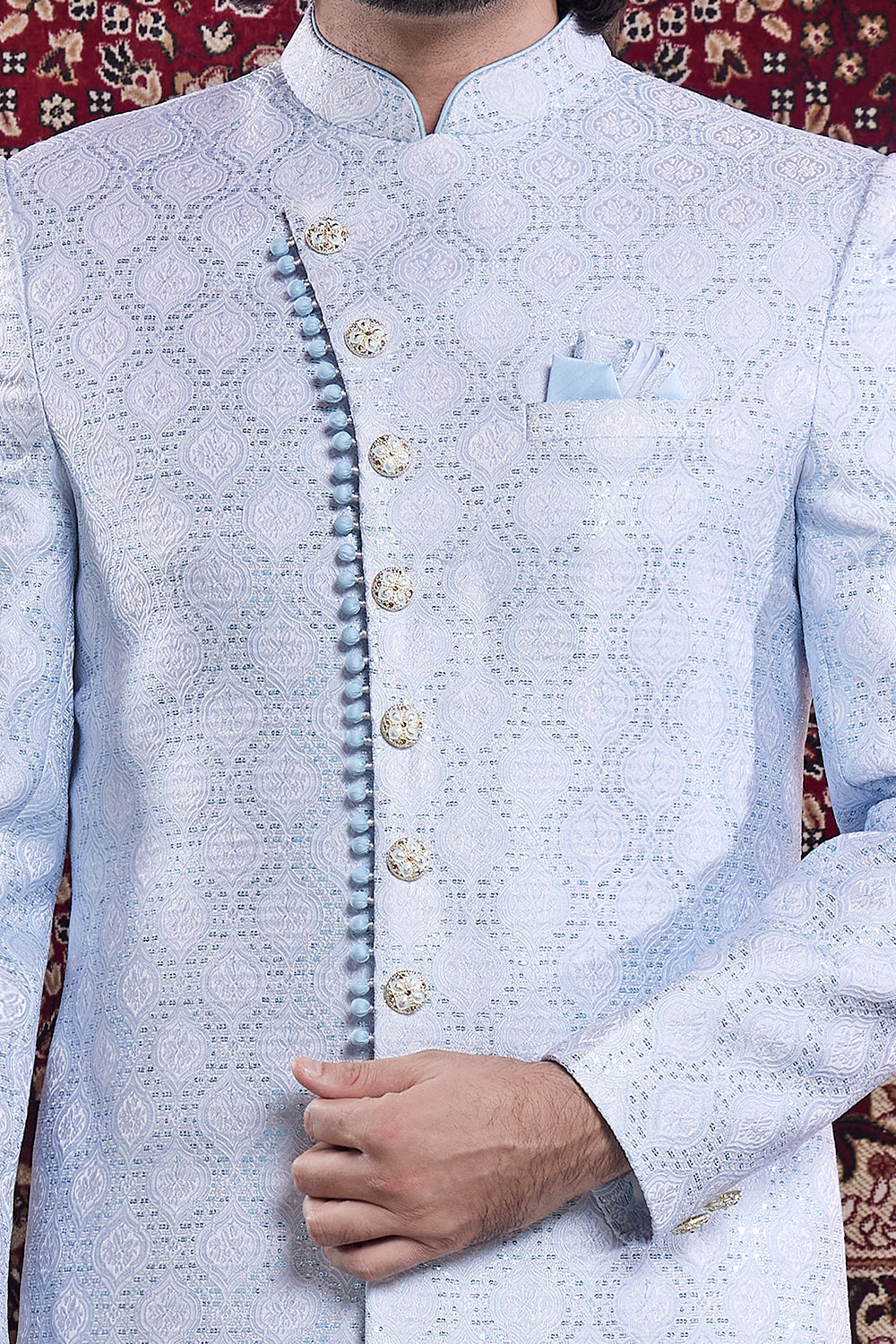 Blue Mens Banarasi Jaquard Indo Western (NMK-8563) - Nihal Fashions