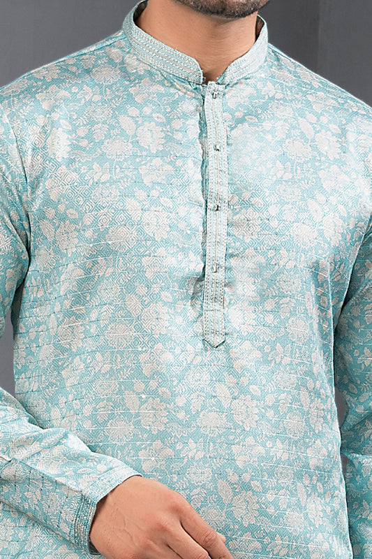 Blue Printed Cotton Silk Kurta Pajama (NMK-8725) - Nihal Fashions