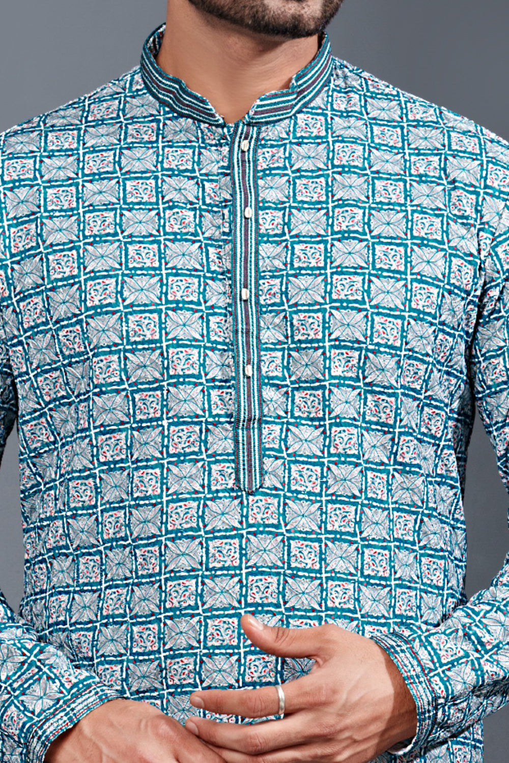 Blue Printed Cotton Silk Kurta Pajama (NMK-8772) - Nihal Fashions