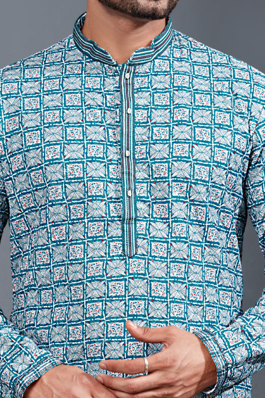 Blue Printed Cotton Silk Kurta Pajama (NMK-8772) - Nihal Fashions