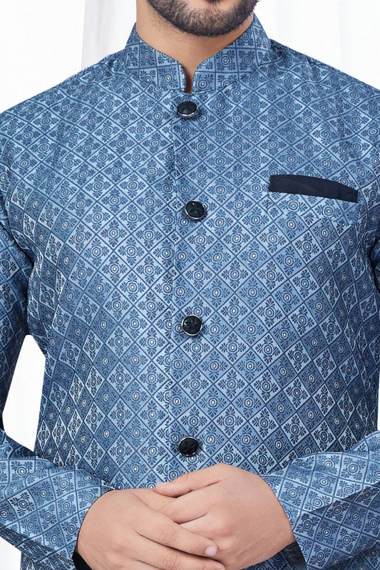 Blueish Grey Jaquard Indo Western (NMK-7865) - Nihal Fashions