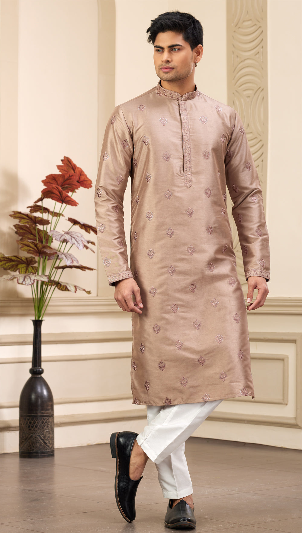 Brown Art Silk Mens Kurta Pajama (NMK-8375) - Nihal Fashions