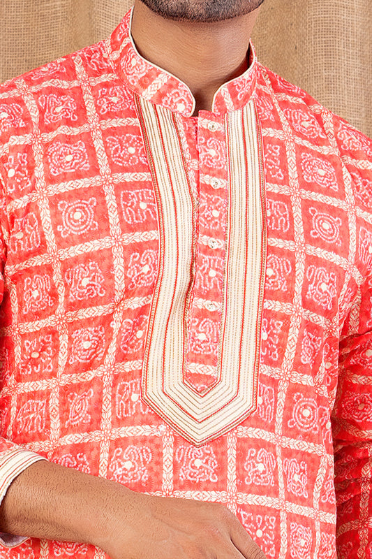 Carrot Red Cotton Kurta Pajama (NMK-8524) - Nihal Fashions