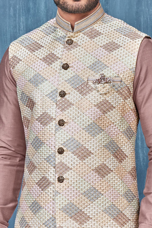 Coffee Art Banarasi Silk Nehru Jacket (NMK-7423) - Nihal Fashions