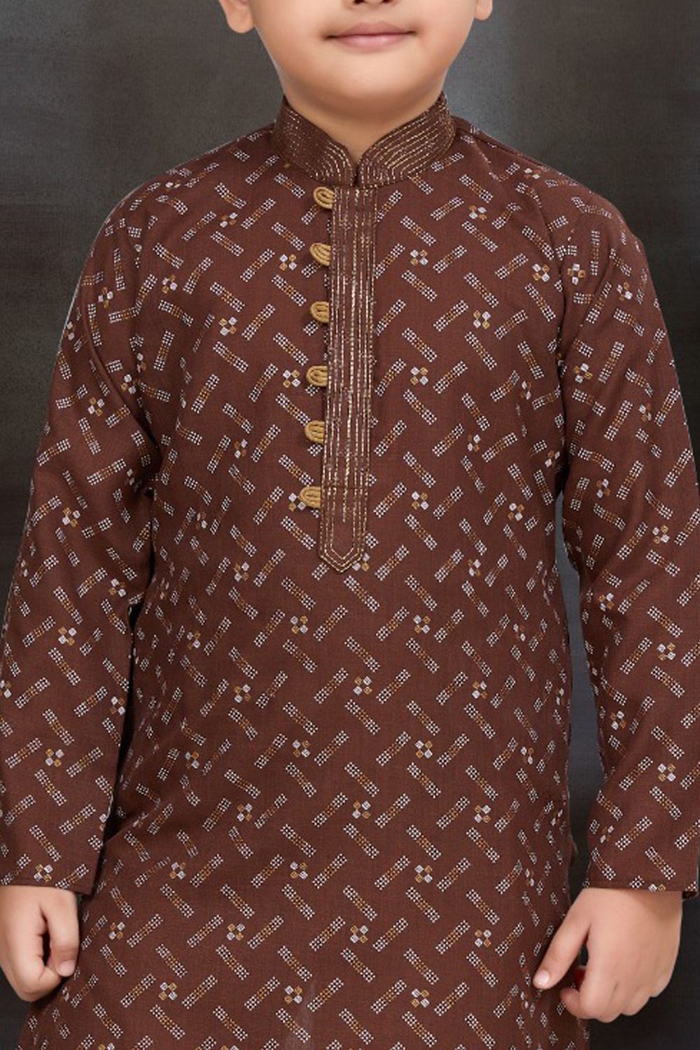 Coffee Cotton Printed Boys Kurta Pajama (NKK-788) - Nihal Fashions