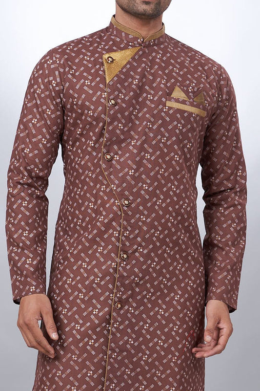 Coffee Cotton Printed Mens Indo Western (NMK-6931) - Nihal Fashions