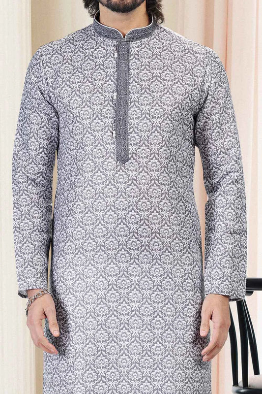 Cotton Digital Print Mens Kurta in Grey (NMK-6666)