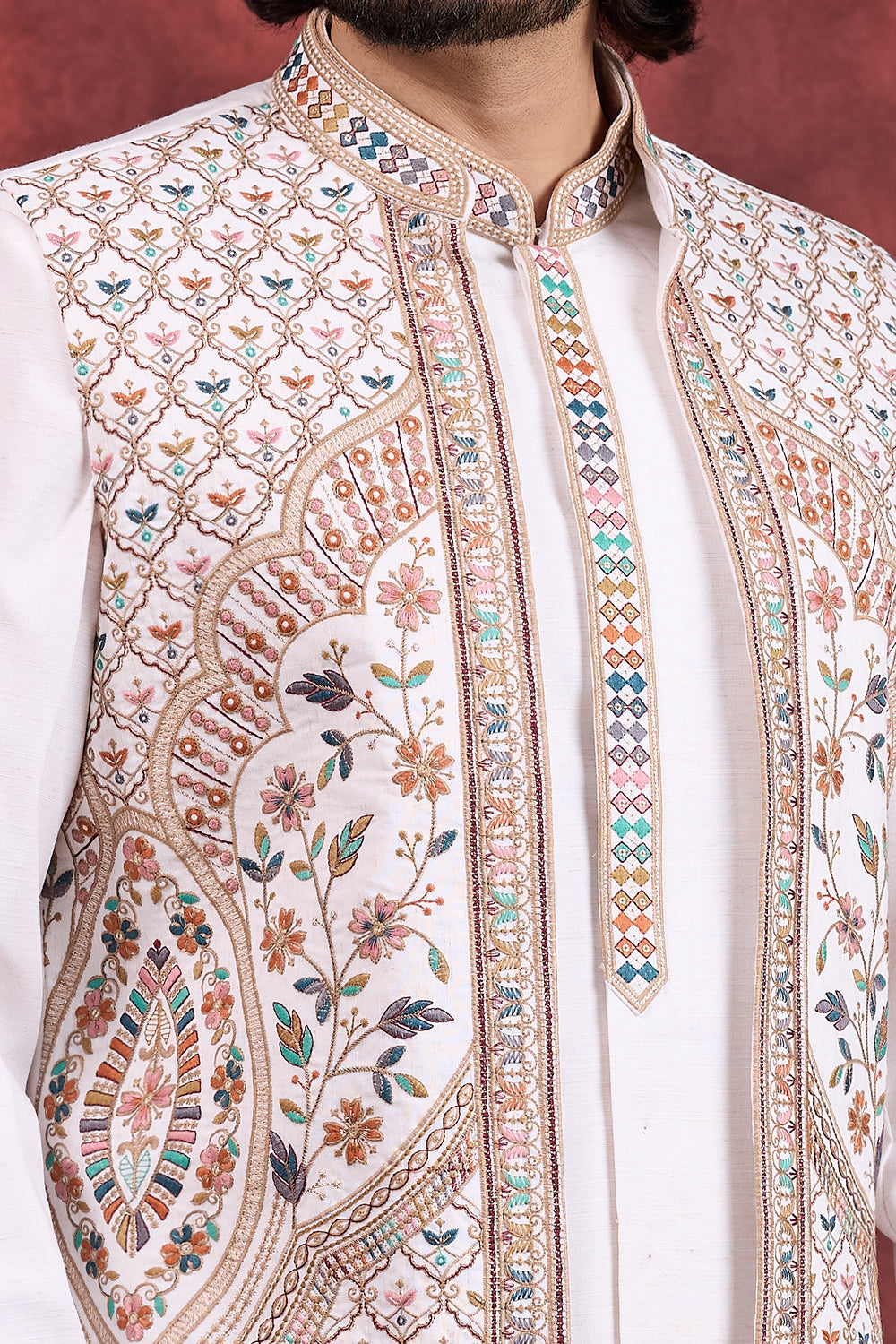 Cream Art Banarasi Silk Long Jacket Indo Western (NMK-8688) - Nihal Fashions