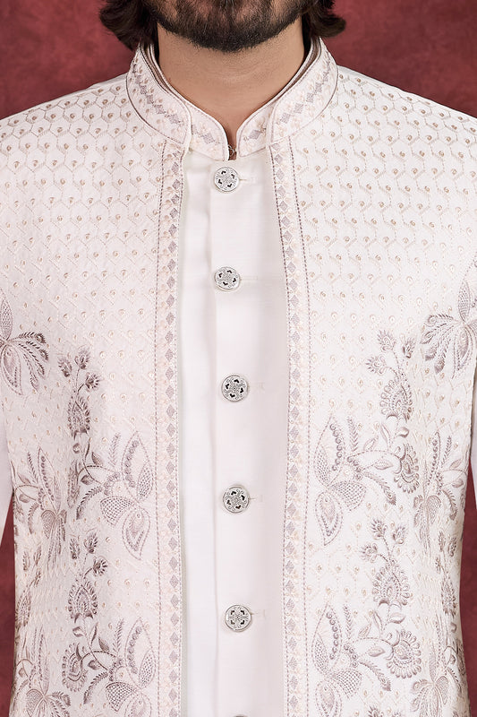 Cream Art Banarasi Silk Mens Long Jacket Indo Western (NMK-8690) - Nihal Fashions