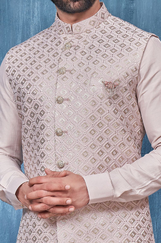 Cream Art Banarasi Silk Nehru Jacket (NMK-7394) - Nihal Fashions
