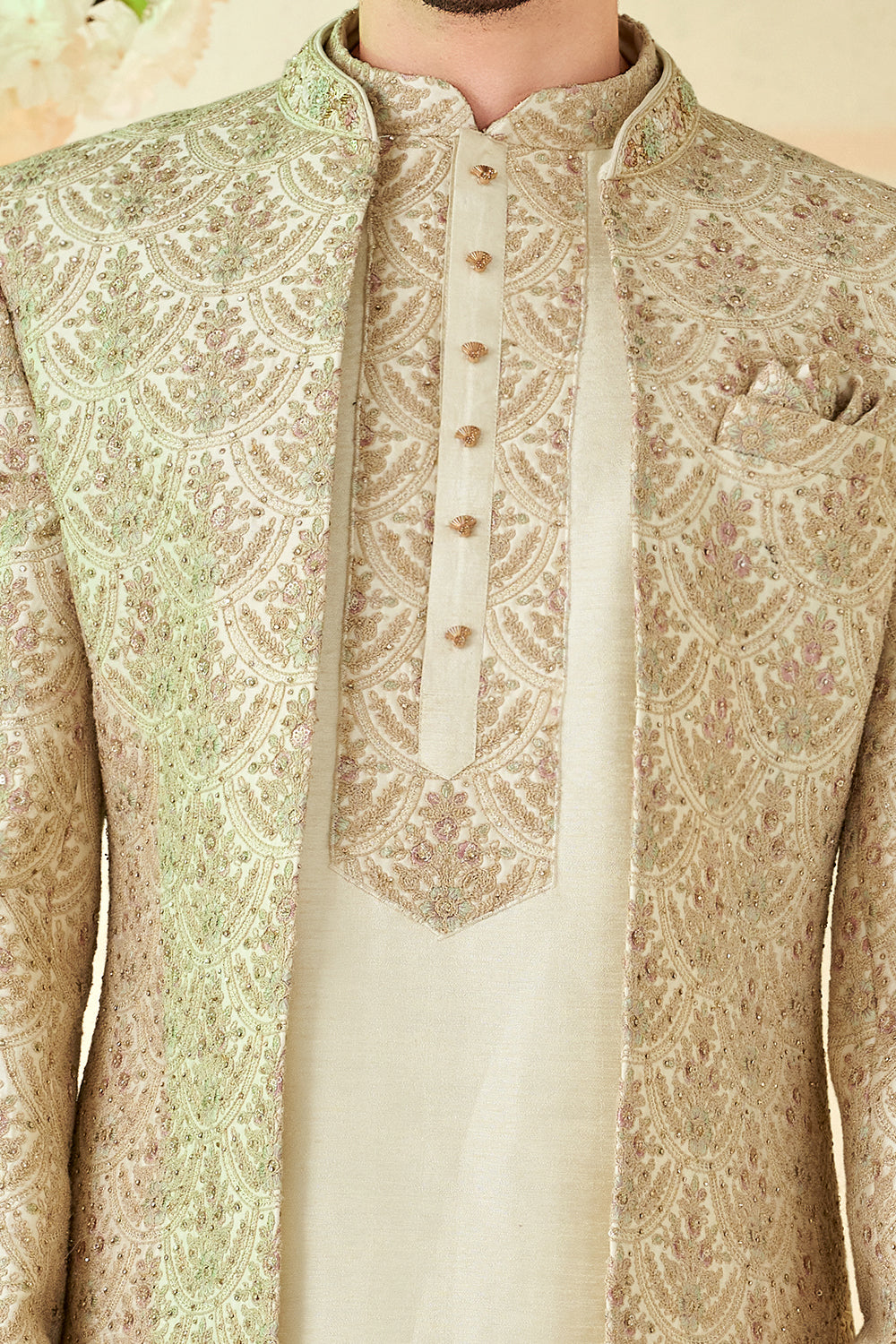 Cream Art Embroidered Silk Indo Western (NMK-8533) - Nihal Fashions