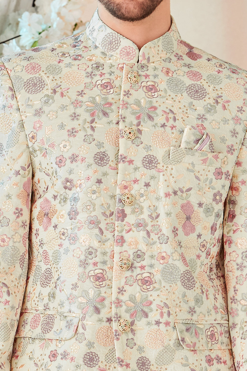 Cream Art Embroidered Velvet Bandhgala (NMK-8543) - Nihal Fashions