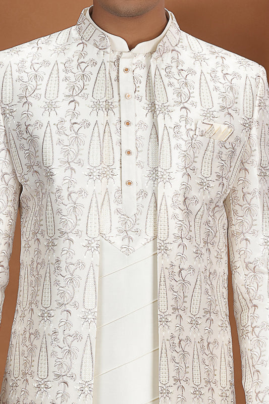 Cream Art Silk 3 piece Indo Western for Men (NMK-8633) - Nihal Fashions