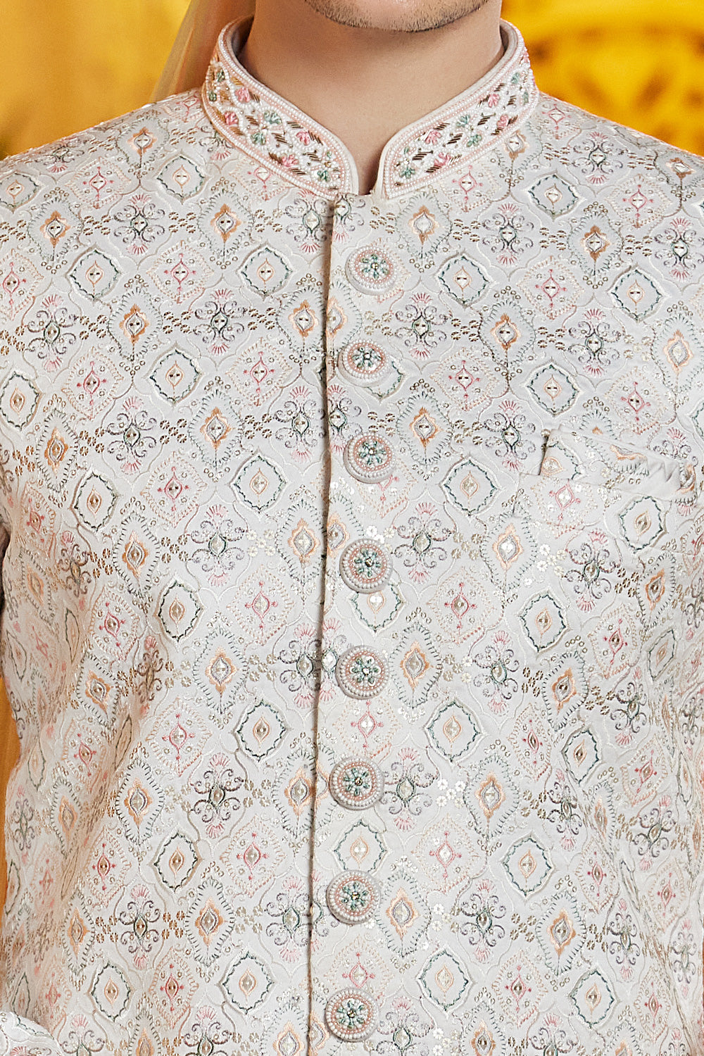 Cream Art Silk Embroidered Sherwani (NMK-8194) - Nihal Fashions