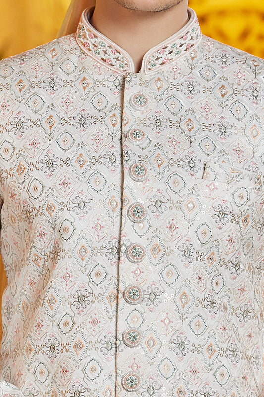 Cream Art Silk Embroidered Sherwani (NMK-8194) - Nihal Fashions