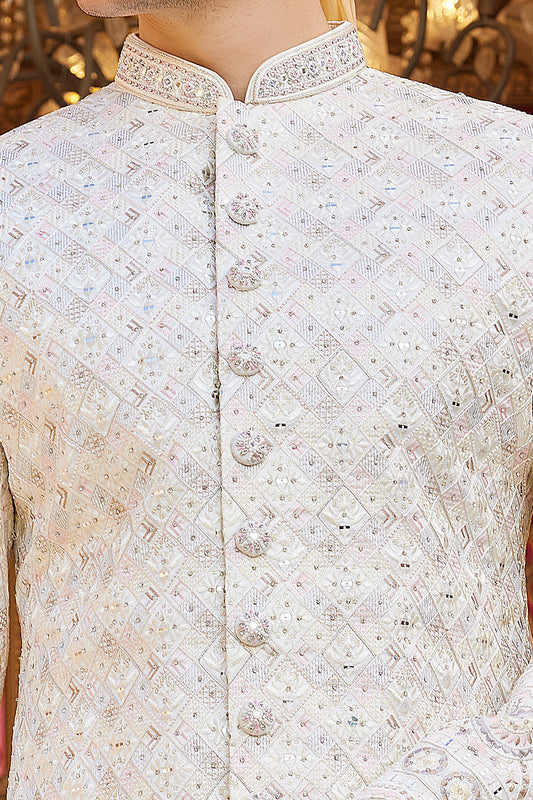 Cream Art Silk Grooms Sherwani (NMK-8182) - Nihal Fashions