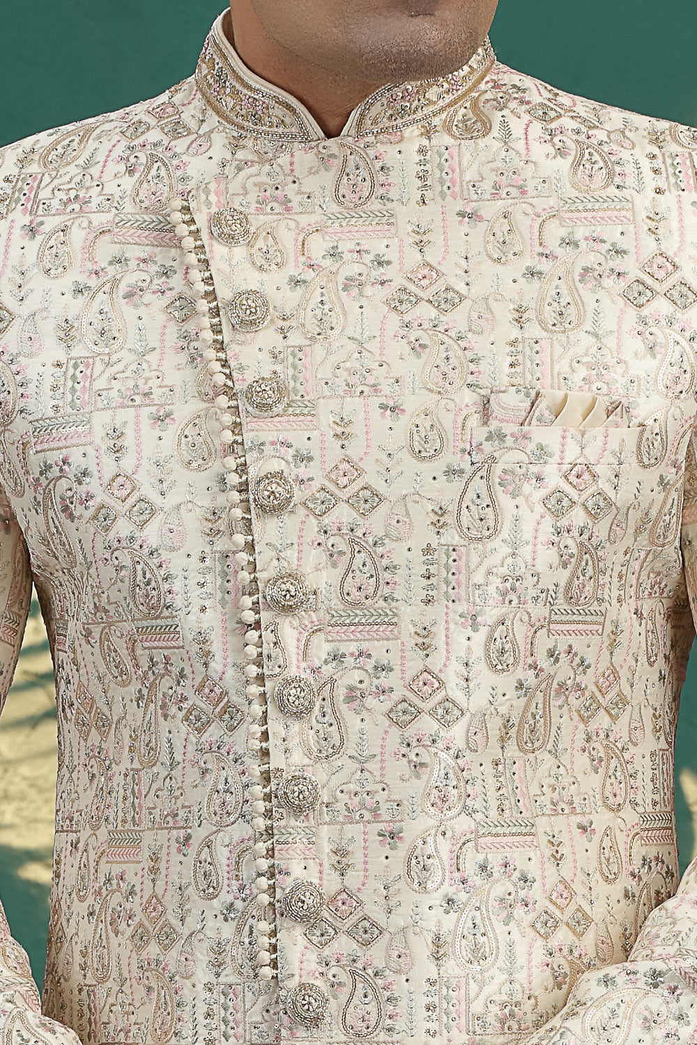 Cream Art Silk Grooms Sherwani (NMK-8619) - Nihal Fashions