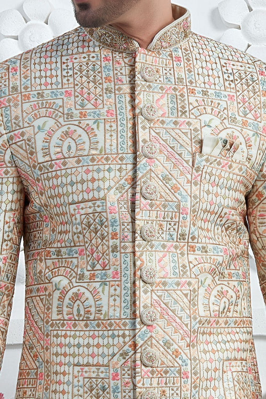 Cream Art Silk Indian Sherwani (NMK-7712) - Nihal Fashions