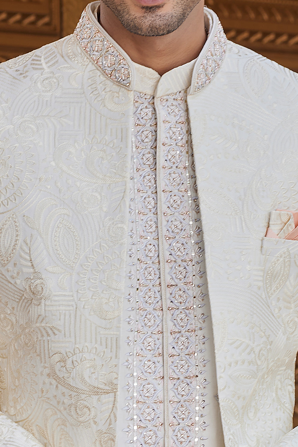 Cream Art Silk Mens Indo Western (NMK-8206) - Nihal Fashions