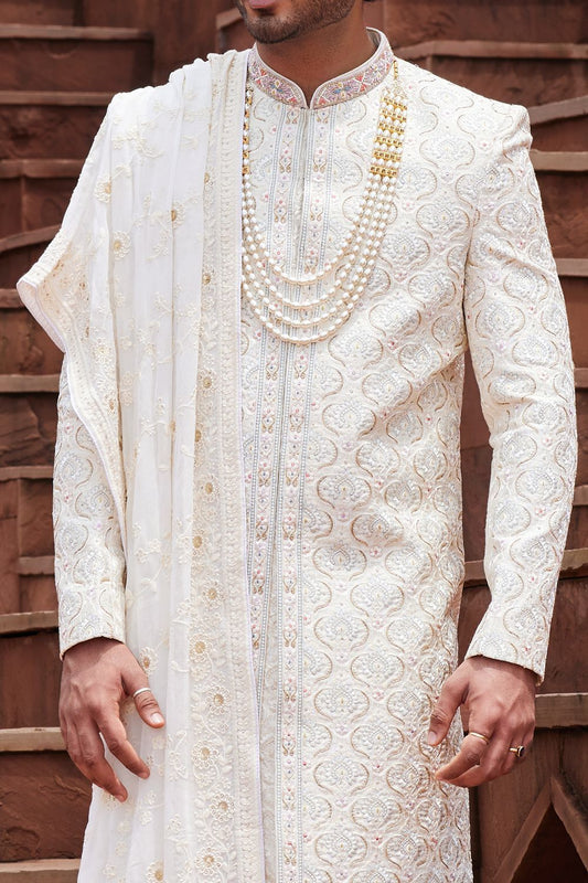 Cream Art Silk Mens Sherwani (NMK-7159) - Nihal Fashions