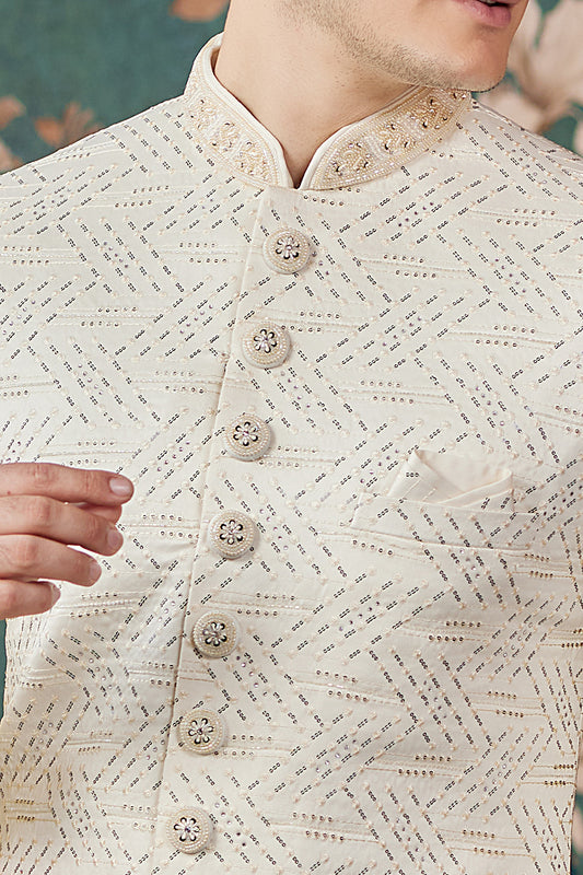 Cream Art Silk Mens Sherwani (NMK-8239) - Nihal Fashions