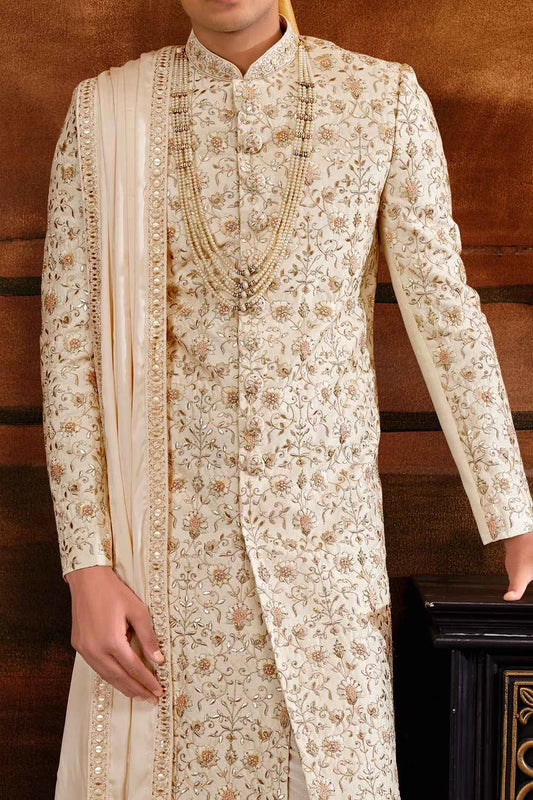 Cream Art Silk Sherwani for Men (NMK-6400)