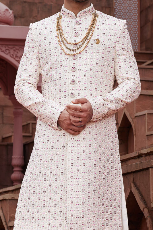 Cream Art Silk Wedding Mens Sherwani (NMK-7167) - Nihal Fashions