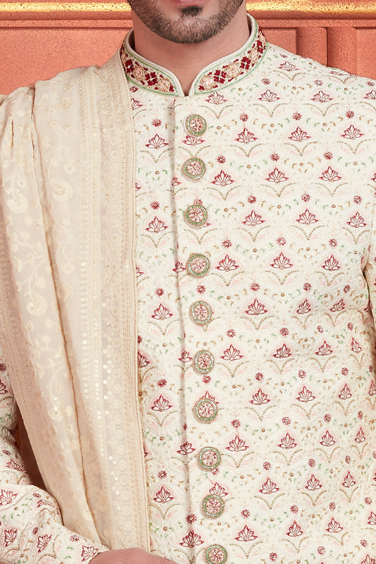 Cream Art Silk Wedding Sherwani (NMK-7884) - Nihal Fashions