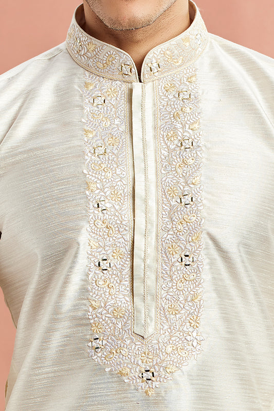 Cream Banarasi Art Silk Kurta Pajama (NMK-7929) - Nihal Fashions