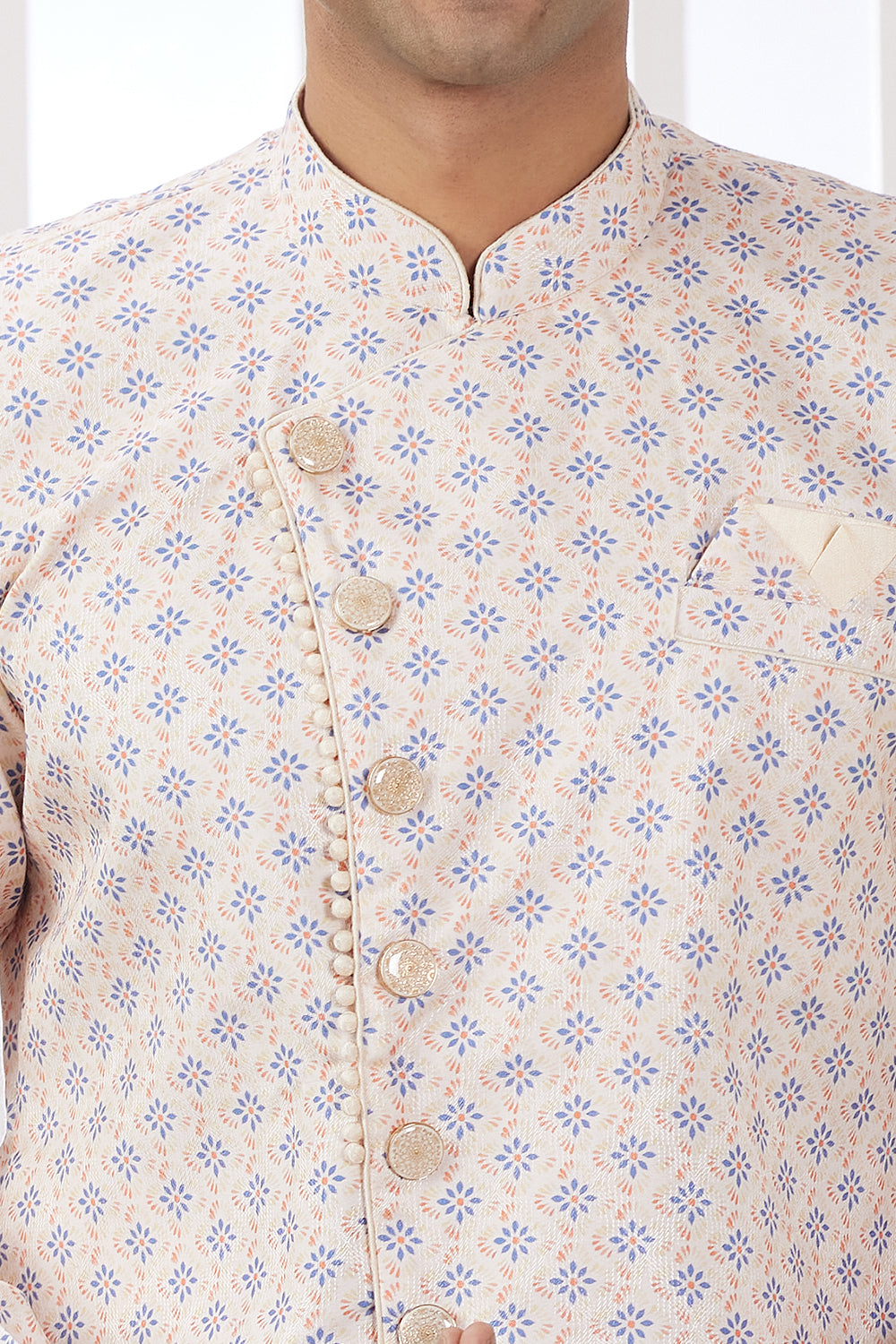 Cream Banarasi Jaquard Mens Indo Western (NMK-8581) - Nihal Fashions