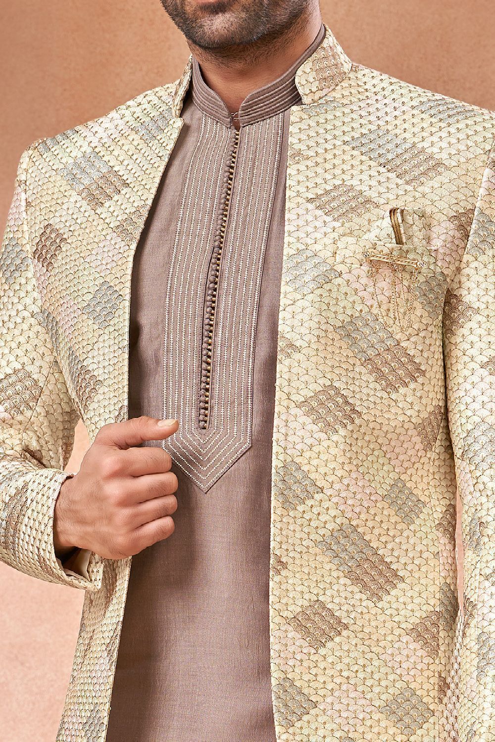 Cream Banarasi Silk Mens Jodhpuri (NMK-7263) - Nihal Fashions