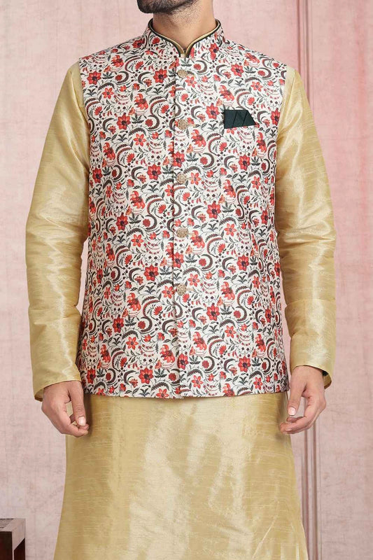 Cream Banarasi Silk Nehru Jacket (NMK-5673)